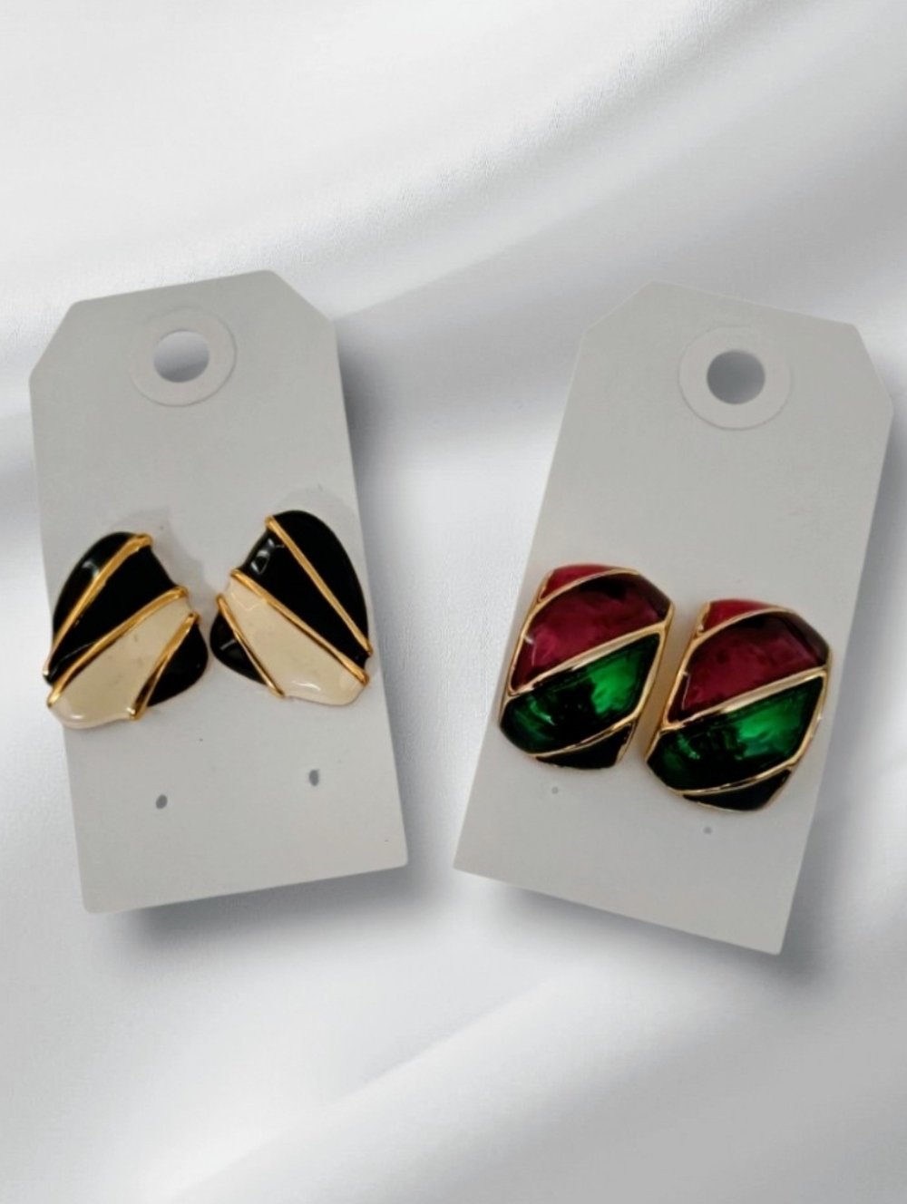 '80 Art Deco Enamel Pierce Earings 2 Burgundy, Green, Black and Cream Gold-Tone